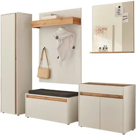 INOSIGN Garderoben-Set »GIRON/ CiTY, Garderobe in Wotan Eiche, moderner Garderobenschrank«, (Komplett-Set, 5 St.), enthält Schrank, Kommode, Spiegel, Paneel & Schuhbank +Sitzkissen, weiß