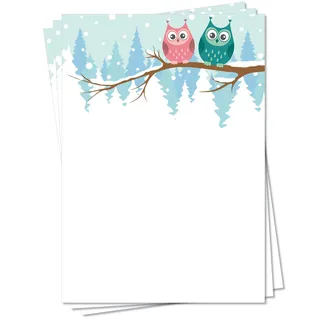 LYSCO Motiv Briefpapier (Eulen-5138, DIN A4, 25 Blatt) Motivpapier Eulenpapier, grüne rote Eulen im Winter Schnee sitzend auf einem Ast tief verschneit