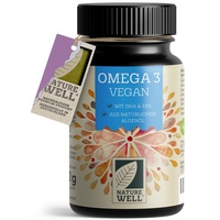 Omega-3 Vegan 60 Kapseln hochdosiert, 2000mg , Algenöl pro Tag mit 600mg DHA & 300mg EPA, veganes Omega-3 aus nachhaltigem Anbau als Fischöl-Alternative, laborgeprüft mit Zertifikat, NatureWell