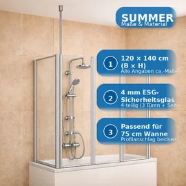 WELLTIME Badewannenaufsatz WELLTIME "Summer 3-teilig + feste Seitewand", grau, B:120cm H:140cm T:73,5cm, Duschwände, Deckenhöhe bis 240cm geeignet, Glaswand bestehend aus vier Elementen