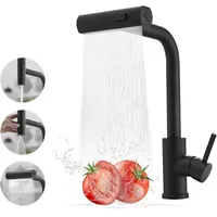 Sjqka - Schwarzer Küchenhahn mit ausziehbarer Brause, Edelstahl-Wasserfall-Küchenhahn, Einhebel-Küchenspülenhahn mit ausziehbarer Brause für 3