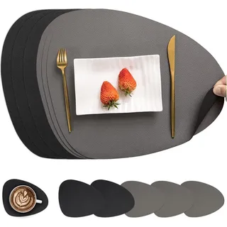 Tischsets Leder und Untersetzer, Tischsets Abwaschbar Rund Doppelseitigen rutschfest Platzdeckchen Leder Kunstleder Tischset Lederoptik Platzset (G... - Grau/Schwarz