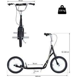 Homcom Kinderroller mit Luftreifen Kickscooter Scooter Tretroller Cityroller für Kinder Kickboard 16 Zoll ab 5 Jahre Höhenverstellbar Schwarz 143 x 58 x 92-100 cm