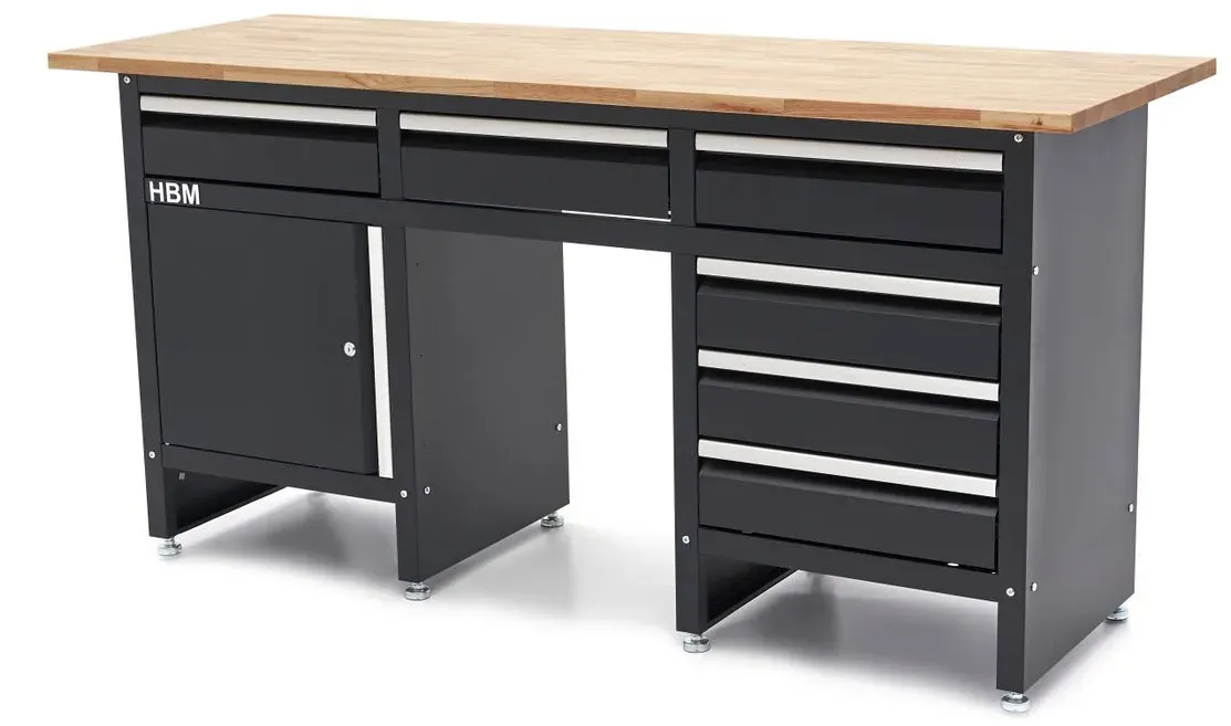 HBM Werkbank 171 cm mit 6 Schubladen und Tür, massive Holzarbeitsplatte, schwarz