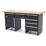 HBM Werkbank 171 cm mit 6 Schubladen und Tür, massive Holzarbeitsplatte, schwarz