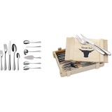 WMF Merit Besteck Set 12 Personen, 66 teilig & Steakbesteck 12-teilig, Steakbesteck Set für 6 Personen, Steakmesser, Steakgabel, Cromargan Edelstahl poliert, Grillbesteck in Holzkiste