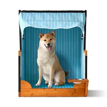 Relaxdays Hundestrandkorb, Rattan, mit Napf, Hundesessel mit Dach, HBT: 95x75x65 cm, Garten & Terrasse, Holz, hellblau