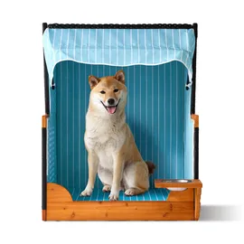 Relaxdays Hundestrandkorb, Rattan, mit Napf, Hundesessel mit Dach, HBT: 95x75x65 cm, Garten & Terrasse, Holz, hellblau