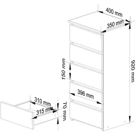 akord furniture factory AKORD CL5 Weiß 40 cm 5 Schubladen B40 x H92 x T35 cm