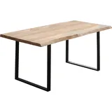 Esstisch HOME AFFAIRE "Tristano", beige (natur, schwarz, natur), B:180cm H:77cm T:90cm, Tische, Rechteckiger Esstisch Esstisch Holz-Esstische, Eiche massiv natur geölt, mit echter Baumkante