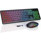 Tastatur Maus Set Kabellos Beleuchtete, wiederaufladbar & Automatischer Schlaf, verstellbare Höhe, 2,4 GHz LED leise USB-A & USB-C Funktastatur mit Maus, für Mac OS/Windows/PC/Laptop-Schwarz, QWERTZ