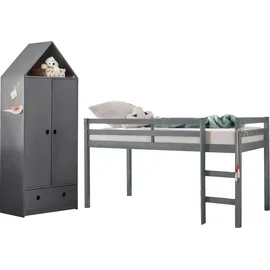 OTTO home Jugendzimmer-Set OTTO HOME "Alpi", grau, Schlafzimmermöbel-Sets, Hochbett und Kleiderschrank in Hausoptik, perfekt für kleine Räume