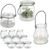 Relaxdays Windlicht Glas, 12er Set, Teelichthalter mit schwarzem Henkel, 3 versch. Größen, Kerzenglas, rund, transparent