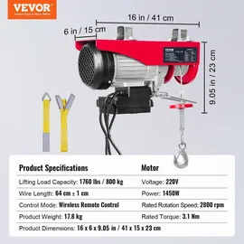 Vevor Flaschenzug Metall 400kg bis 800kg Hubhöhe 12m rot/silber