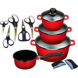 King Aluguss Topf-Set 14-tlg. 3 x Kochtopf + Kasserolle + 5 x Schere rot