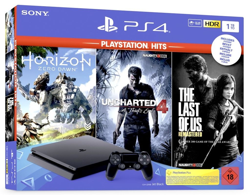 Sony PlayStation 4 Konsole (1TB) inkl. 1 DualShock 4 Controller und 3 Playstation Hits Spiele