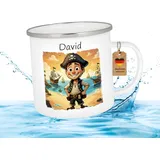 Druckerino Emaille Tasse für Kinder mit Namen personalisiert Geschenk personalisiert Namenstasse Tiere Geschenk mit Name Kinder Kindertasse mit Namen für den Kindergarten 300 ml (Pirat)