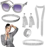 GD HUA 6 Stück Disco Accessoires, 80er Jahre Outfit Damen, 70er Jahre Kostüm Damen, Disco-Kostüm Pailletten Haarband Sonnenbrille Ohrringe Halskett Armband Ring, für Karneval, Party, Abschlussball