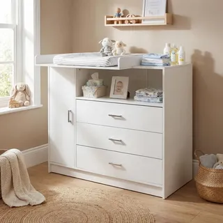 ecomi Wickelkommode Wickeltisch Baby Kommode aus Holz mit Wickelaufsatz, 3 Schubladen, 1 Tür, 100 cm Höhe in Weiß, Wickeltisch 113 x 100 cm - Weiß