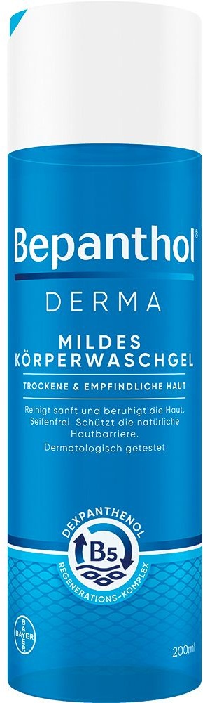 Bepanthol® Derma Mildes Körperwaschgel, 200 ml Flasche, mildes Duschgel für empfindliche und trockene Haut, dermatologisch getesteter Feuchtigkeitsspender mit Dexpanthenol