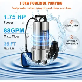 Vevor Tauchpumpe 1300W Schmutzwasserpumpe 230V Gartenpumpe Durchfluss 20000L/h Schmutzwassertauchpumpe max. Hub 11m IPX8 Ideal zum Pumpen von Wasser aus Schwimmbädern Kellern Teichen