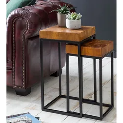 FineBuy 2er Set Beistelltisch FB51457 Sheesham Holz Metall Tisch Couchtisch