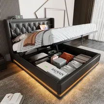 stilvora Polsterbett 180x200cm mit Stauraum Jugendbett mit LED-Beleuchtung,gepolstertes Kopfteil mit USB Typ-C Ladefunktion,Schwarz(Ohne Matratze) - Schwarz