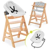 hauck Alpha Plus Natur 4-tlg. Newbornset Light Grey - Hochstuhl + Neugeborenenaufsatz & Wippe + Sitzkissen Nordic Grey