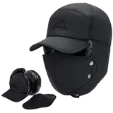 Refttenw Fleecemütze Herren Schirmmütze Innenfutter Wintermütze mit Ohrenwärmer Masken Winddicht Trappermütze Warmes Futter schwarz