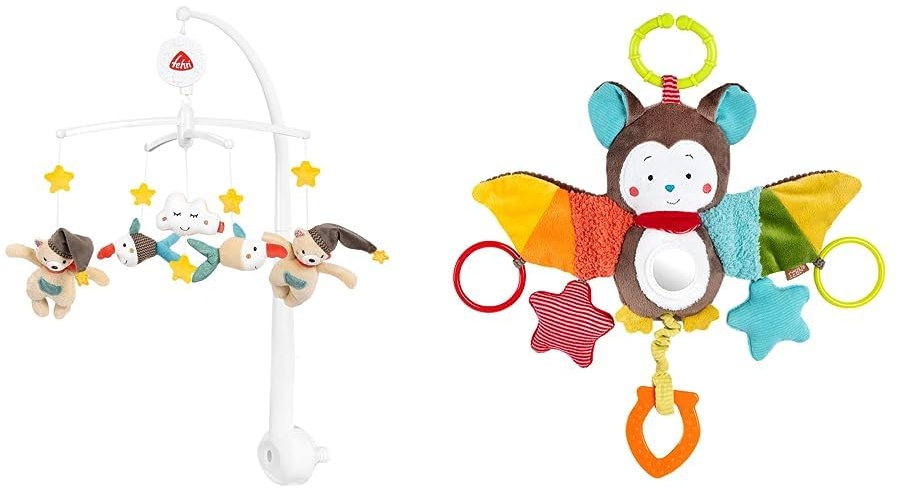 Fehn Musik Mobile Bruno - Baby Einschlafhilfe Musikspielzeug mit süßen Tieren & Activity-Spieltier Fledermaus – Baby Motorikspielzeug für Kinderwagen