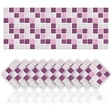 Cendray 20 Stück Fliesenaufkleber Selbstklebende Mosaik Stil Dekoration Aufkleber für Badezimmer Küche Wand DIY Öldichte wasserdichte PVC Fliesenaufkleber (15x15cm,Violett)