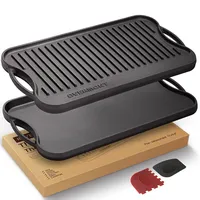 OVERMONT Gusseisenplatte Grillplatte Gusseisen Doppelseitiger - Grill mit Griffen 43,2 x 24,9 cm - für BBQ Ofen Herd Holzkohlegrill Gasgrill