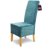 SCHEFFLER-Home Stretch Stuhlhussen Samt Puma Velvet/Velours Stuhlhussen 4er Set Türkis/Stuhlabdeckung als Stuhlhussen Schwingstühle/Spann-Stuhlhussen Lang/eleganter Chenille Stuhlüberzug