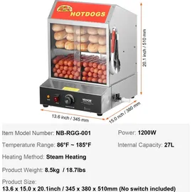 Vevor Hot Dog Dampfgarer, 27L, 2-stufiger Hot Dog Hütten-Dampfgarer, 30°C~85°C Temperaturregelung, elektrischer Brötchenwärmer mit Schiebetüren aus gehärtetem Glas, Trennplattenzange, Edelstahl