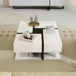 Merax Hochglanz-Couchtisch, Tisch mit 4 Schubladen, einzigartige Farbabstimmung und Liniendesign, Stauraum unten, Weiß