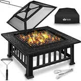 tillvex Feuerschale mit Funkenschutz & Grillrost Feuerstelle Outdoor für den Garten 3 in 1 BBQ Grill mit Abdeckung, Schürhaken, Zange | Kohlerost | tillvex