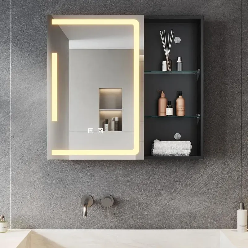 SONNI Badezimmerspiegel mit Beleuchtung, 65 x 60 cm, LED-Spiegel mit Steckdose, dimmbar, 3 einstellbare Farbtemperaturen, Anti-Beschlag, für Badezimmer und Medizinschrank, matt schwarz