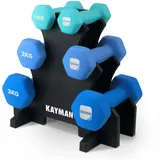 Kayman Neopren-Hantel-Set mit Ständer, 6-teilig, 1 kg, 2 kg, 3 kg, Sechskant-Anti-Roll-Design, weicher Griff, Heimtrainingsgerät, kompakte Aufbewahrung, Gusseisen, einfach zu bedienen (Blau)