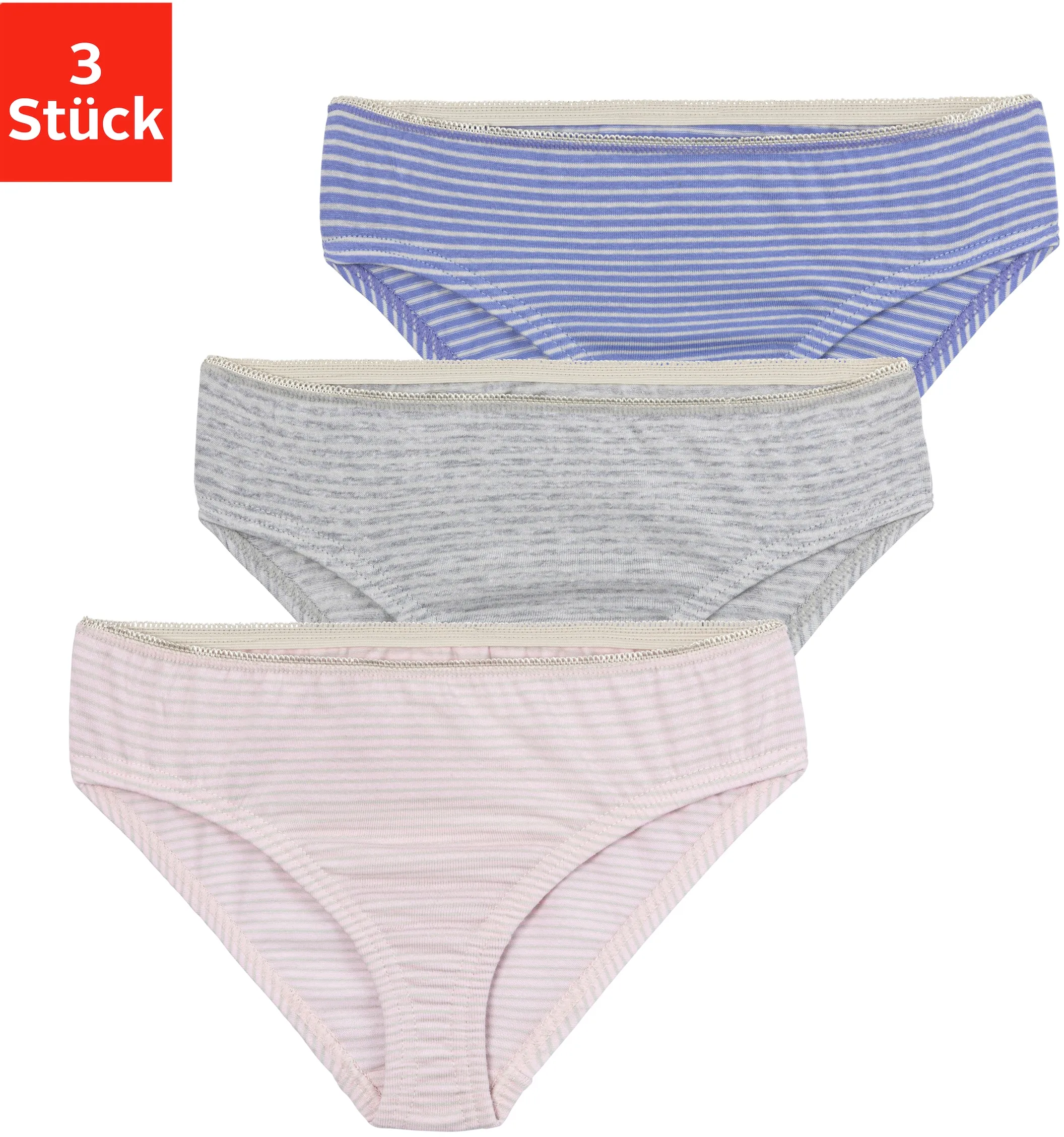 Bikinislip, (Packung, 3 St.), im Steifen-Design, Gr. 134/140, rosa-grau-gestreift, grau-meliert-gestreift, lila-grau-gestreift, , 30707350-134