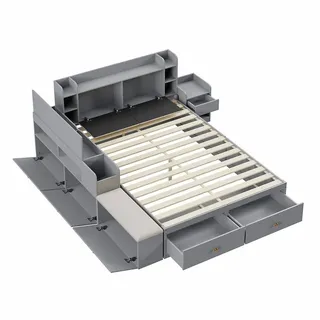 Gotagee Schlafzimmer-Set Möbelset Doppelbett Nachttisch und Stauraum-Hängeschrank flaches Bett, Tatamibett Massivholz-Kombi-Bett
