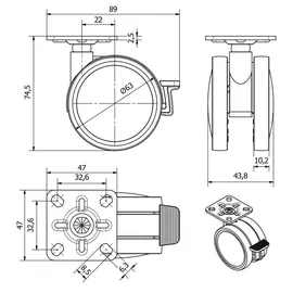 SOTech Möbelrolle Hamm Ø 63 mm 74,5 mm 47 x 47 mm