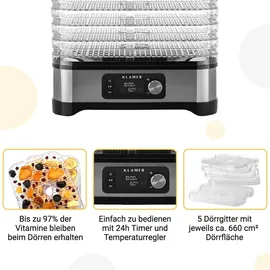 Klamer Dörrautomat, 400W Dörrautomat Edelstahl mit 5 Einlegefächern und 24h-Timer, Trockner mit Temperaturregler von 35-70°C, BPA frei