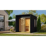 Saunahaus Außensauna Gartensauna Catalina schwarz lackiert Ofen 9 KW externe Strg easy 73mm gedämmte Elemente 220x288x244 cm