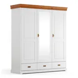 Lomadox Kleiderschrank TERMOLI-163 Kiefer massiv in weiß mit braun, 193 cm, 3 Türen, 3 Schubladen weiß