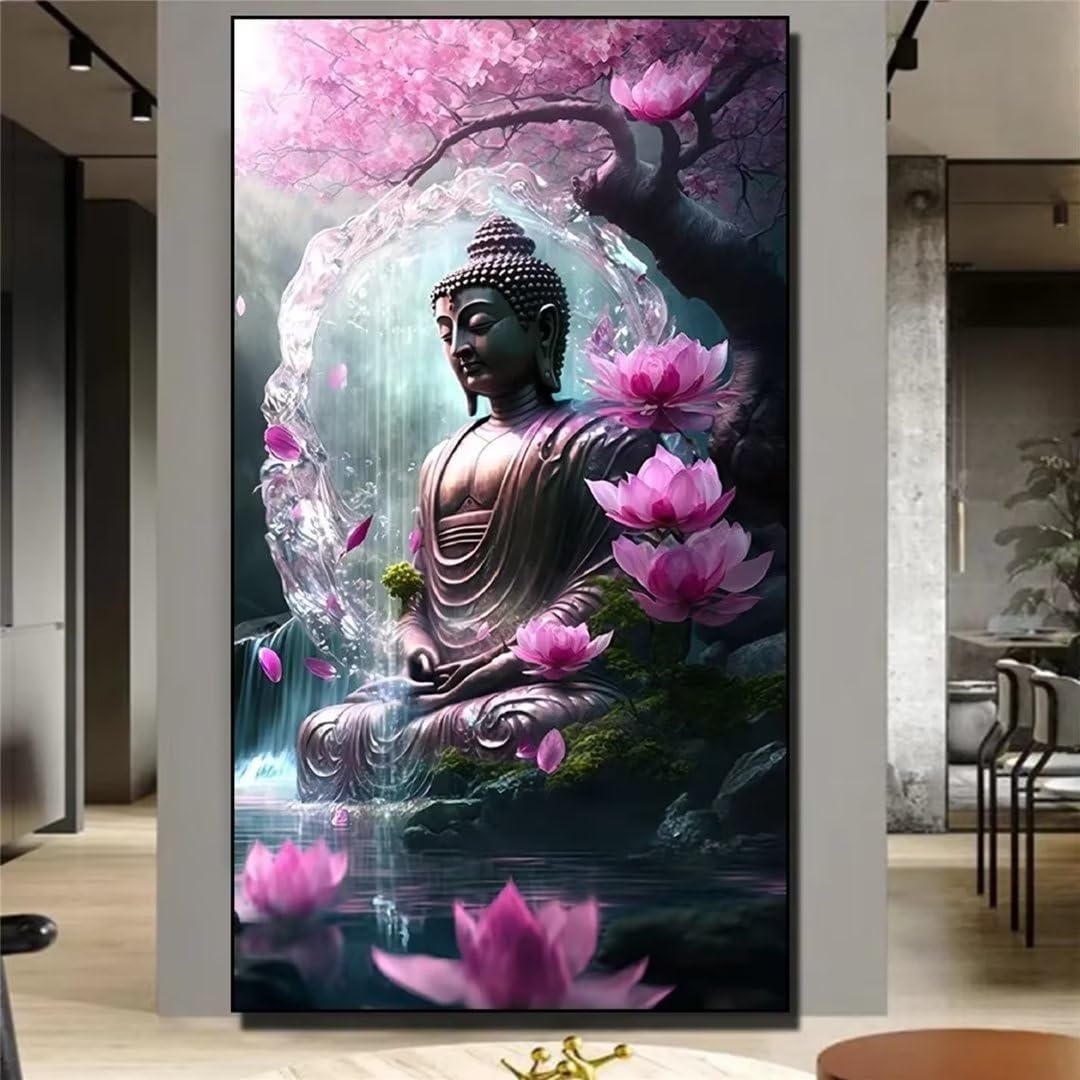 Diamond Painting Set for Adults and Children,Lotus-Buddha Large 5D DIY Full Drill Diamond Painting 30x60cm Round/Square Crystal Rhinestone Embroidery Diamond Art kits for Home Wall Decor Gifts12x24in