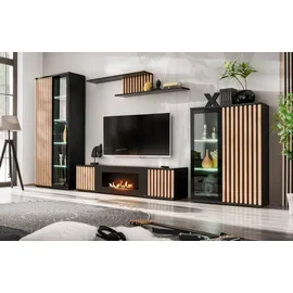 furn.design Wohnwand "Morgan" in schwarz und Jackson Eiche Schrankwand mit Kamin, inkl. Beleuchtung - Schwarz