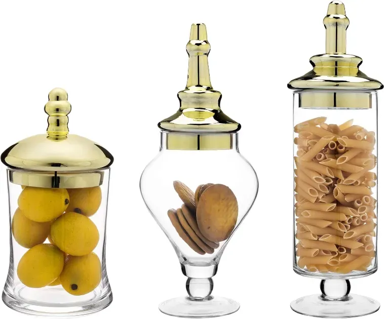 MyGift 3-teiliges Set Antike Klarglas-Apothekergefäße mit Deckel, Hochzeitsmittelstück, Küchenaufbewahrungsgläser mit metallischen Messingdeckeln