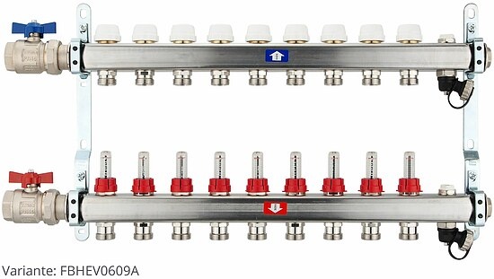 Fußbodenheizungsverteiler aus Edelstahl mit Topmeter für 9 Heizkreise - mit Anschlussset waagrecht