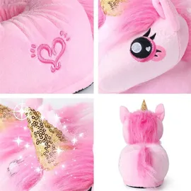 corimori Süße Plüsch Hausschuhe (10+ Designs) Einhorn „Rose“ Slipper Einheitsgröße 34-44 Uni Pantoffeln Rosa Pink Gold
