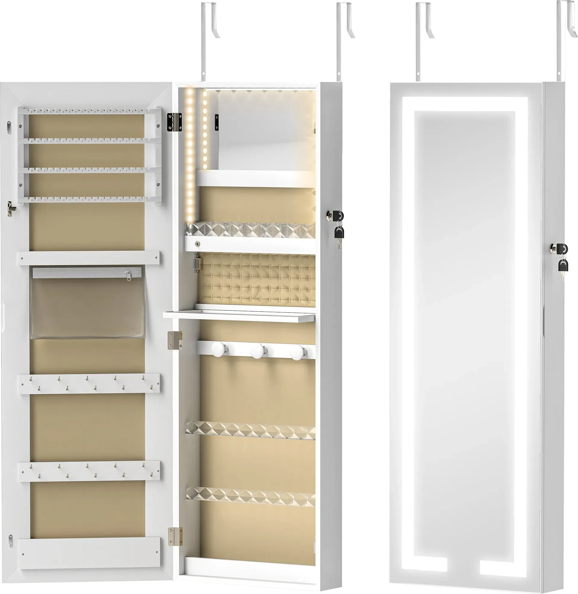 HOMCOM Schmuckschrank mit LED, abschließbarer Wand-/Tür-Organizer mit Ganzkörperspiegel, verschiedene Fächer, Aufbewahrungsmöbel für Ketten, Ohrringe, weiß   Aosom